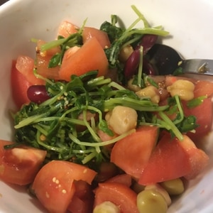 豆苗、ひよこ豆、トマトの簡単節約サラダ